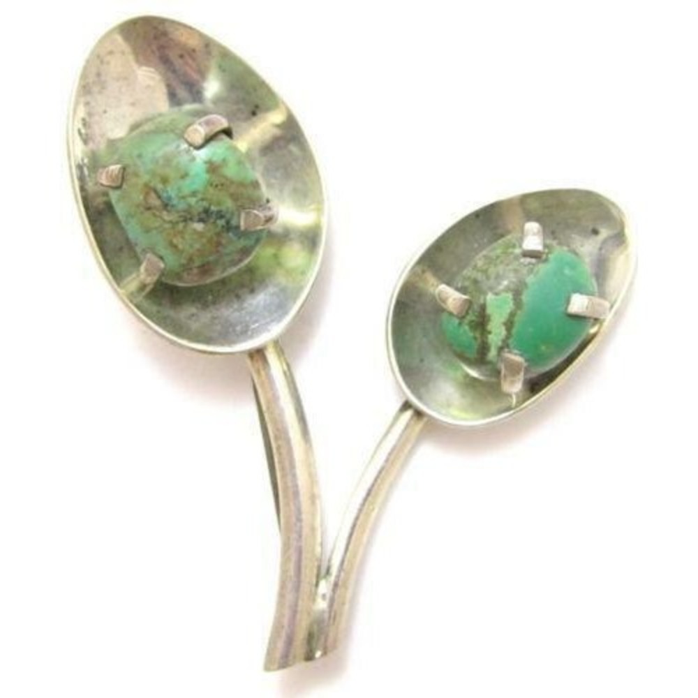 Large Hallmarked Vintage Modernist Sterling Silver Turquoise Spoon Brooch*34g